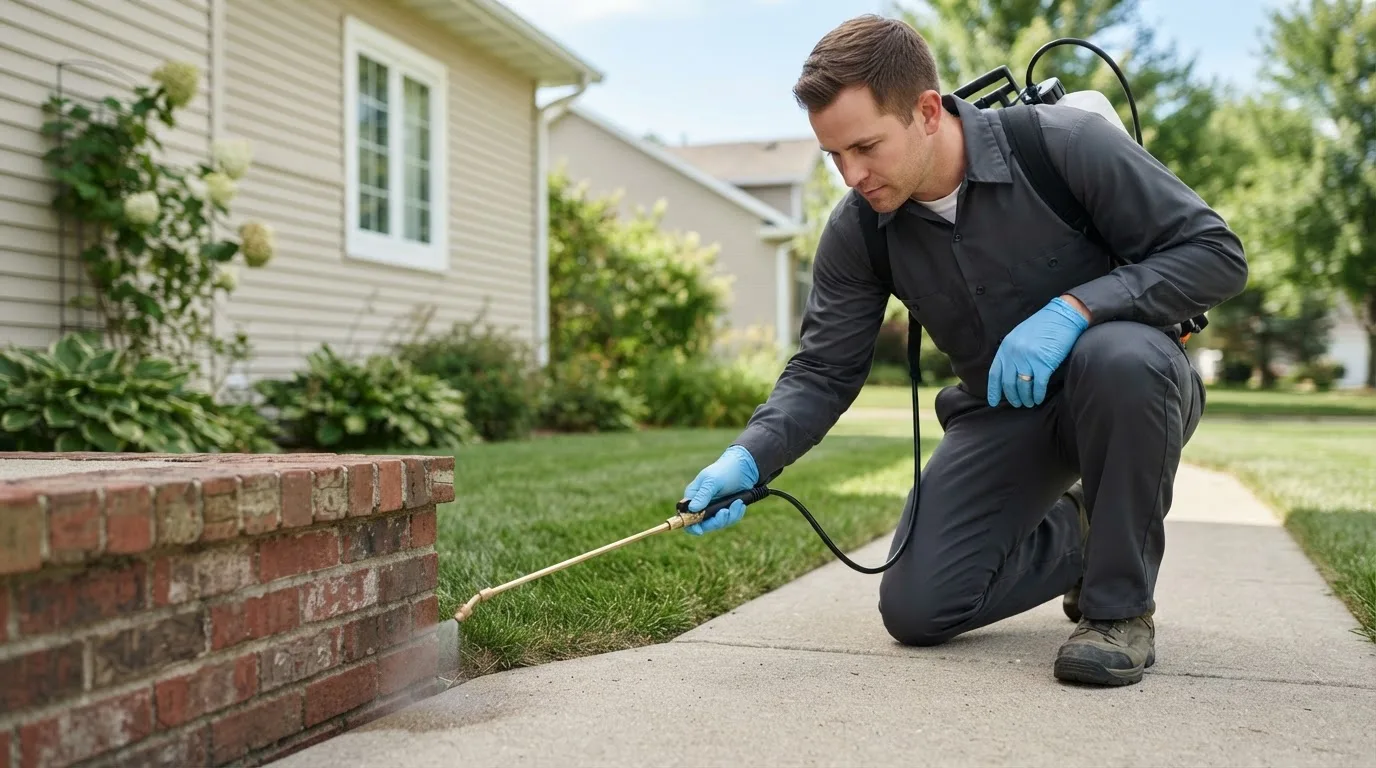 Pest control technician treating a home near Goshen, NH